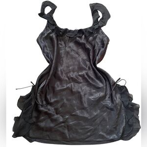Oscar de la Renta Y2K Black Silky Satin Goth Glam Chiffon Ruffle Mini Slip Dress